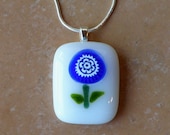 Fused Glass Pendant Necklace - Blue Flower on White Glass