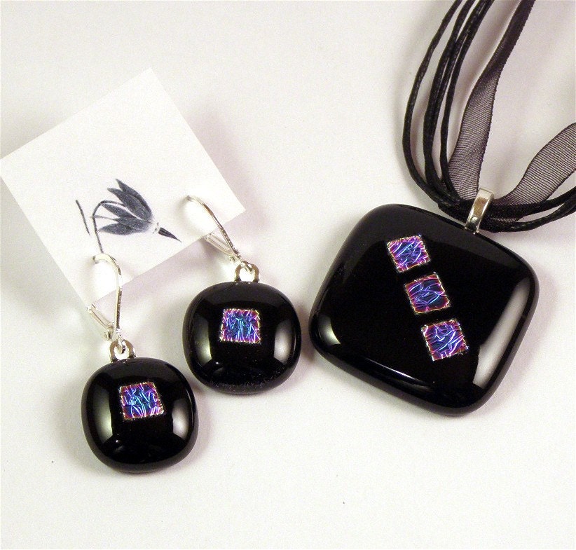 Dichroic Fused Glass Jewelry -  Pendant Necklace and Earring Set - Black Glass with Blue Dichroic Squares