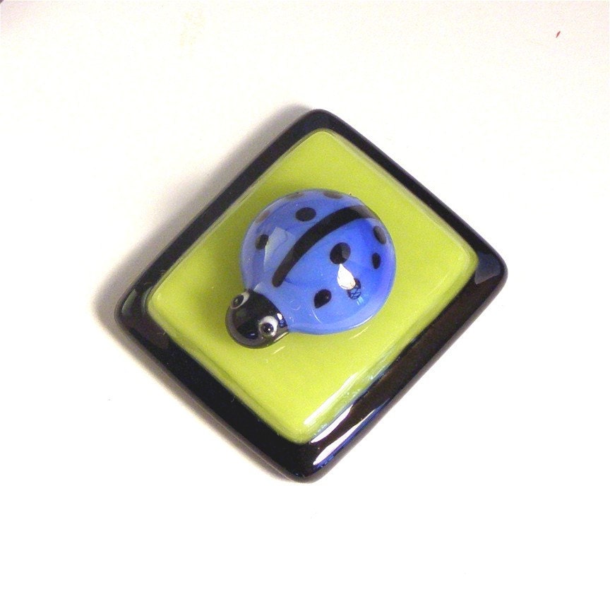 Fused Glass Magnet, Blue Lampwork Ladybug on Yellow and Black Glass