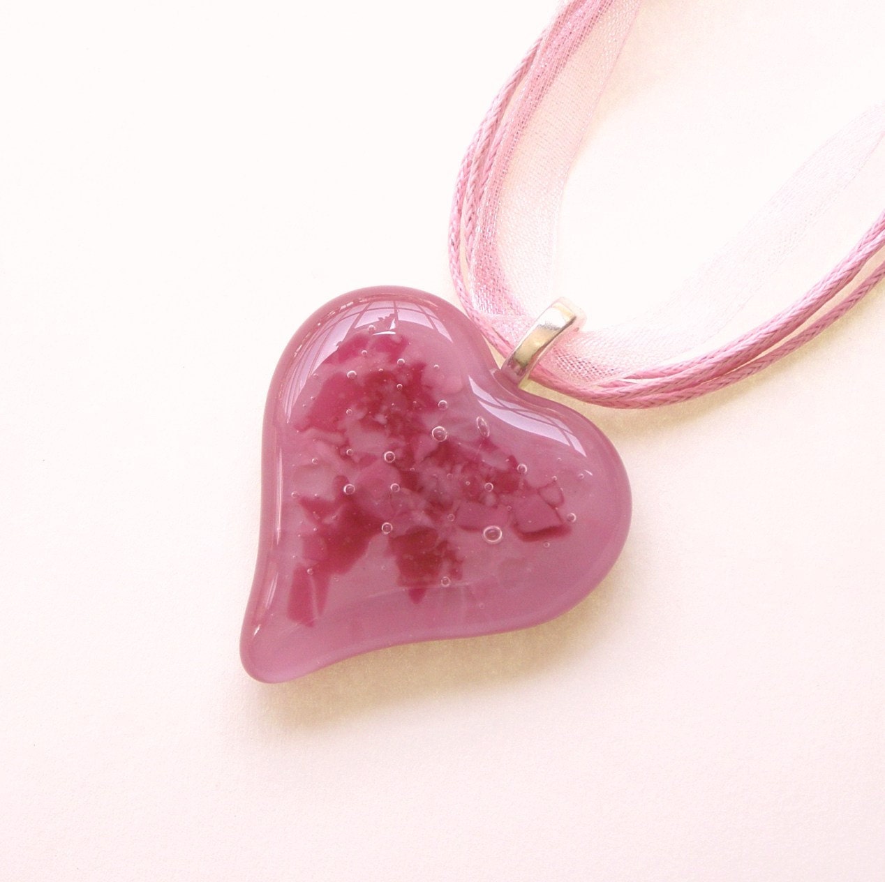 Pink Fused Glass Heart Pendant Necklace - Fused Glass Jewelry