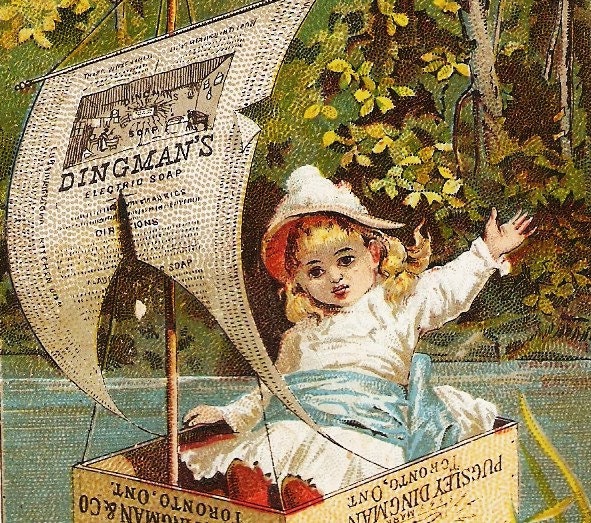 Vintage Victorian Trade Card Little Girl In Crate Advertising Dingmans Electric Soap Toronto Ontario