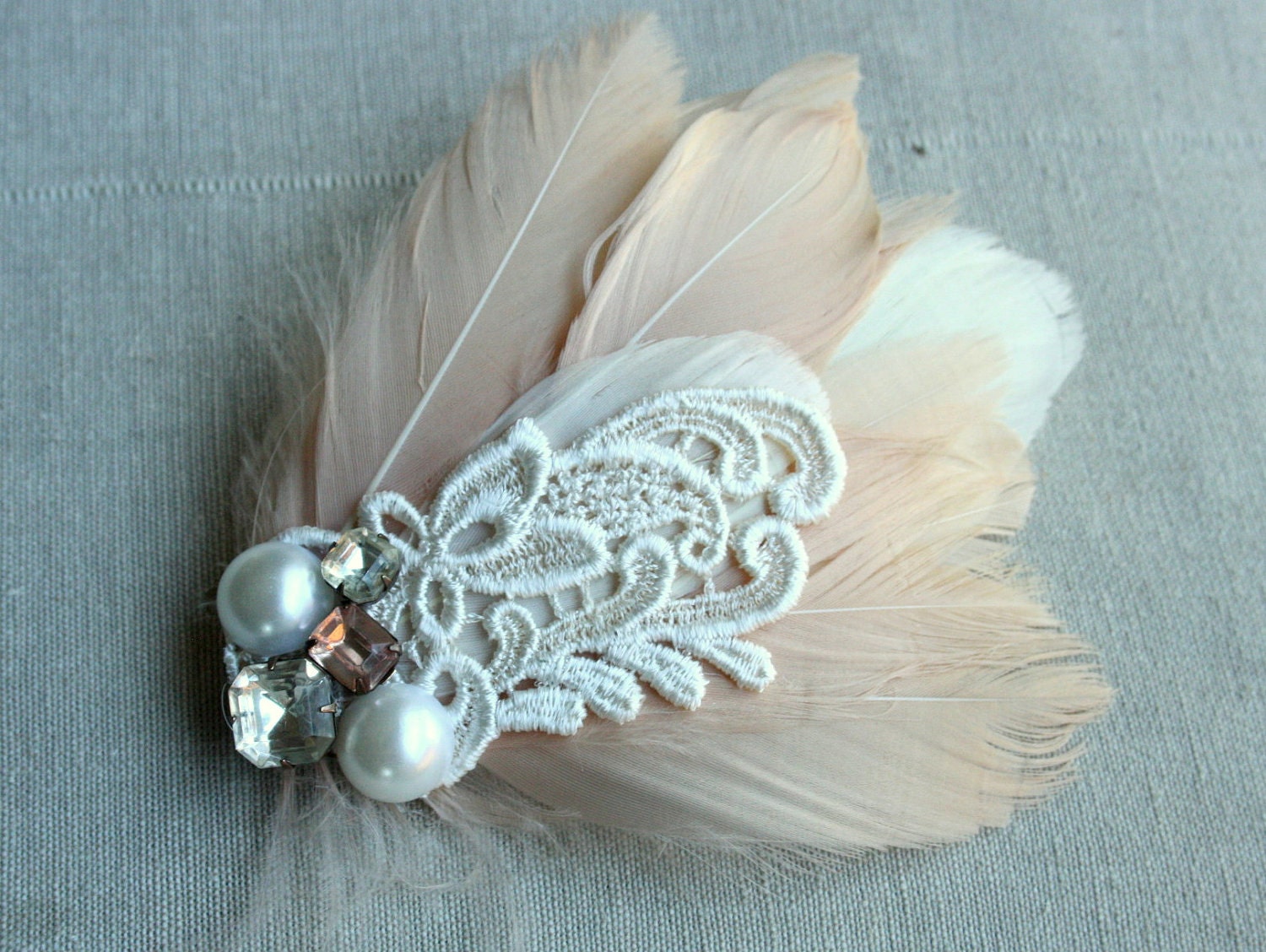Peche et Creme Fascinator in Peach with Vintage Lace, Rhinestones and Pearls
