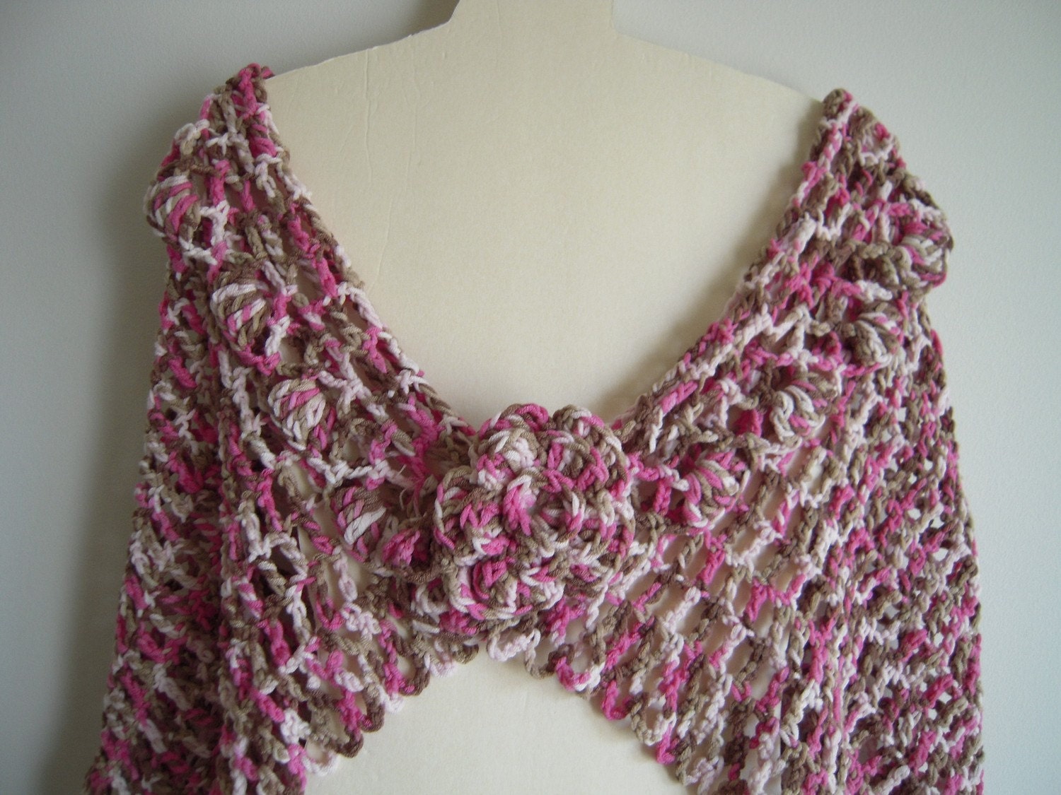 Hot Pink and Brown  Shawl, Cowl, Scarf, Capelet,  Shrug with Brooch