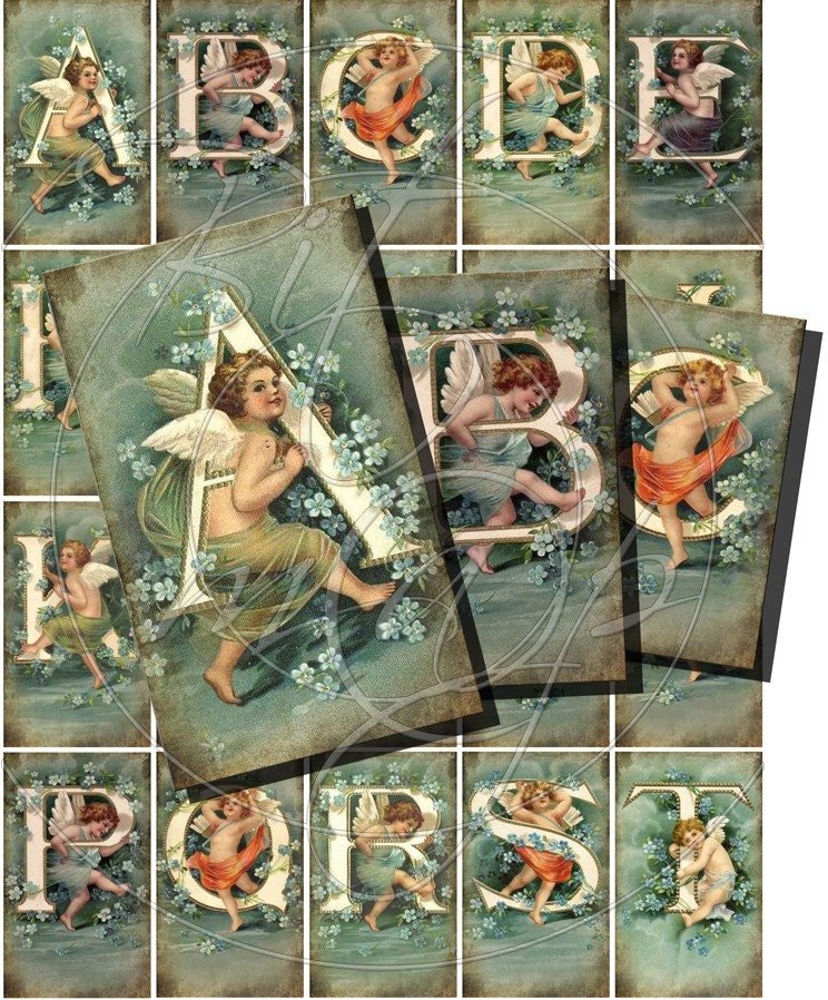 INSTANT DOWNLOAD diGiTal DowNloAds ABC wiTh CheRubs CollAge sHeet sAdE GreeN VinTage EpHemeRa viCtoRiAn AnGelS chEruBs GiFt TagS, No. 10