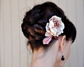 Vintage blush blossom hair clip with velvet leaves. Soft and romantic. Brides, bridesmaid hair accessory. Ready to ship