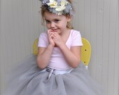 Dove grey Flower Girl short 8 layer tutu with silver satin ribbon sash waist. Sewn, no tied knots.