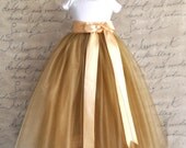 Flower Girl tutu in antique gold tulle sashed with golden satin ribbon lined with ivory satin. Summer wedding.