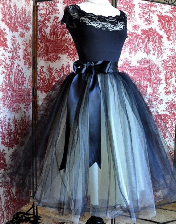Black and ivory lined tulle skirt for women-- holidays, weddings, formal skirt.