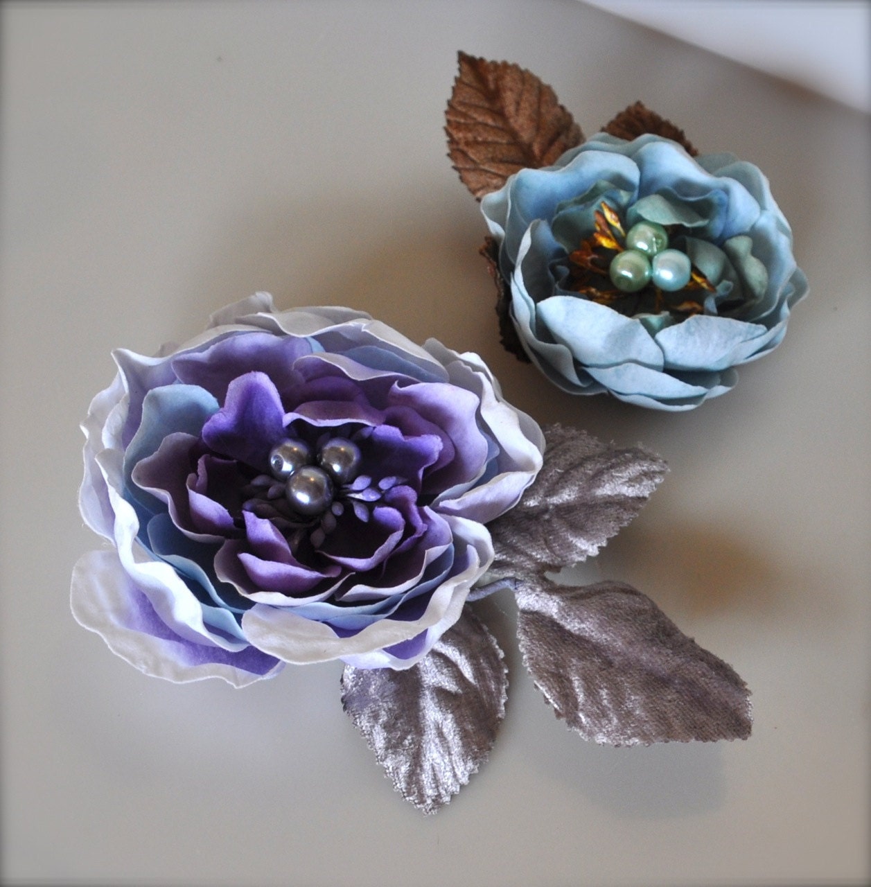 Pastel spring flower hair clips in lavenders and robin's egg blue  with matching centers
