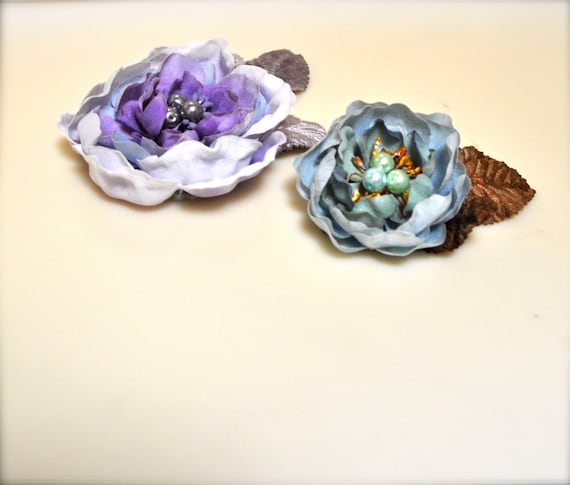 Pastel spring flower hair clips in lavenders and robin's egg blue  with matching centers