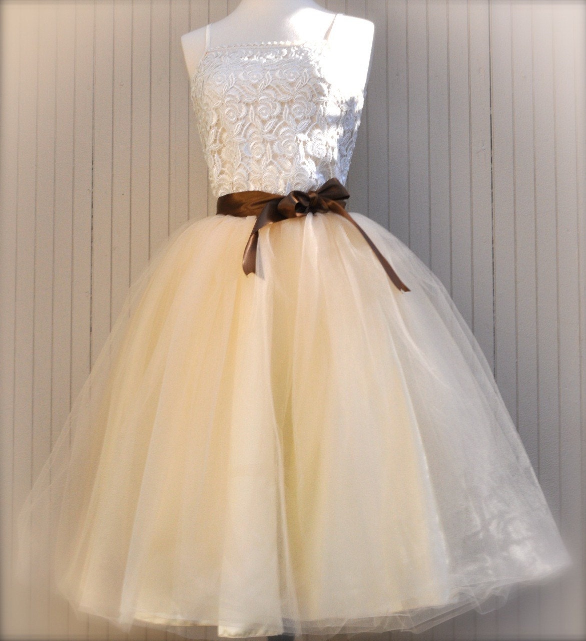 Beige tulle  tutu skirt with ivory satin waist for  women.