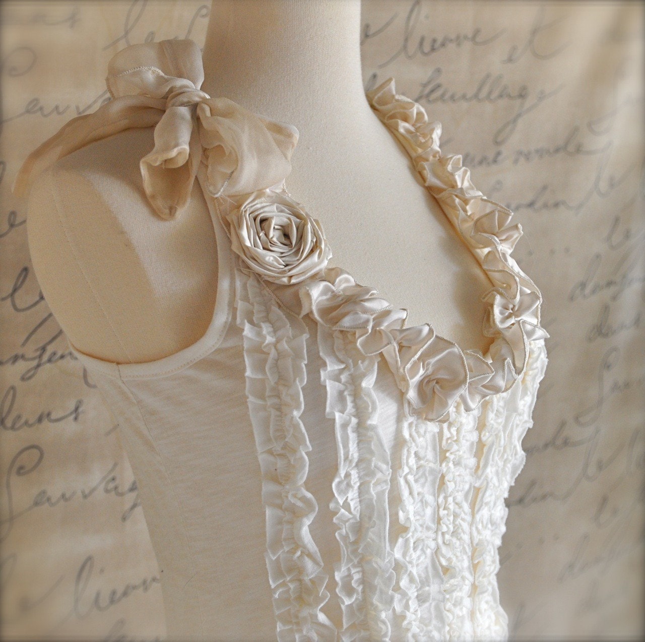 Cream ruffles shabby chic tee shirt--Modern Day Aristocrat Tee Shirt in soft cotton and silk.