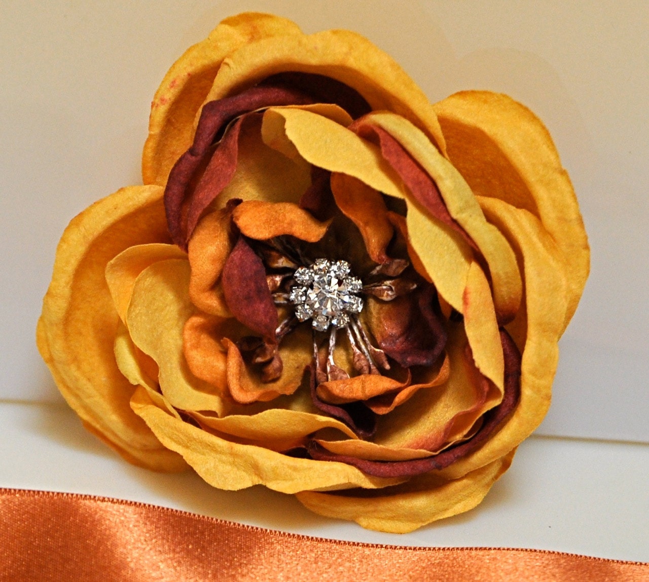 Summer Carnival Flower hair clips in deep purple, yellow, rust and olive greens. Pearl and rhinestone centers.