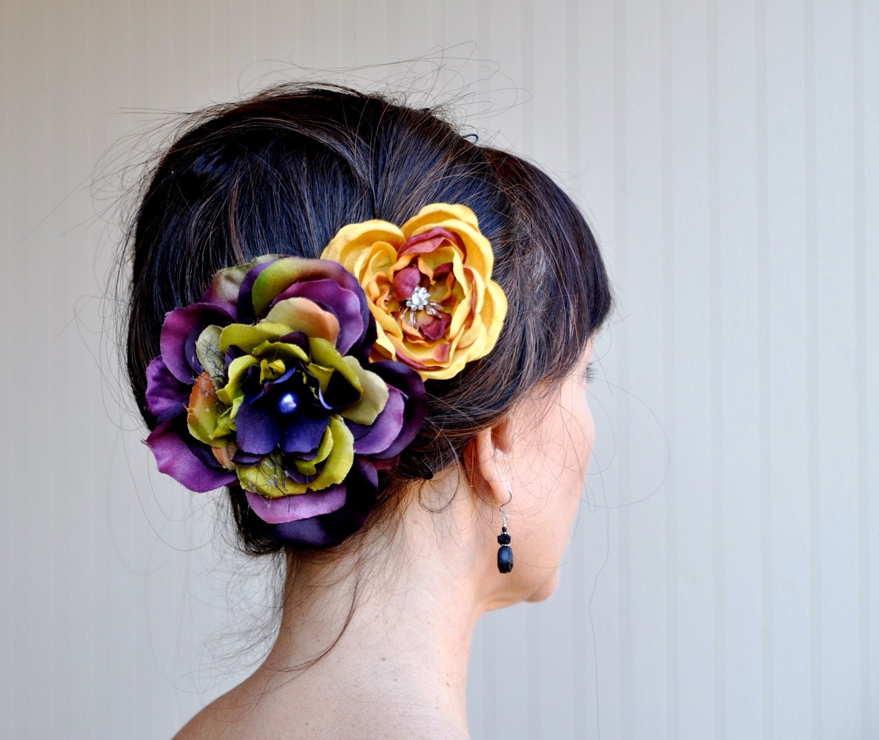 Summer Carnival Flower hair clips in deep purple, yellow, rust and olive greens. Pearl and rhinestone centers.