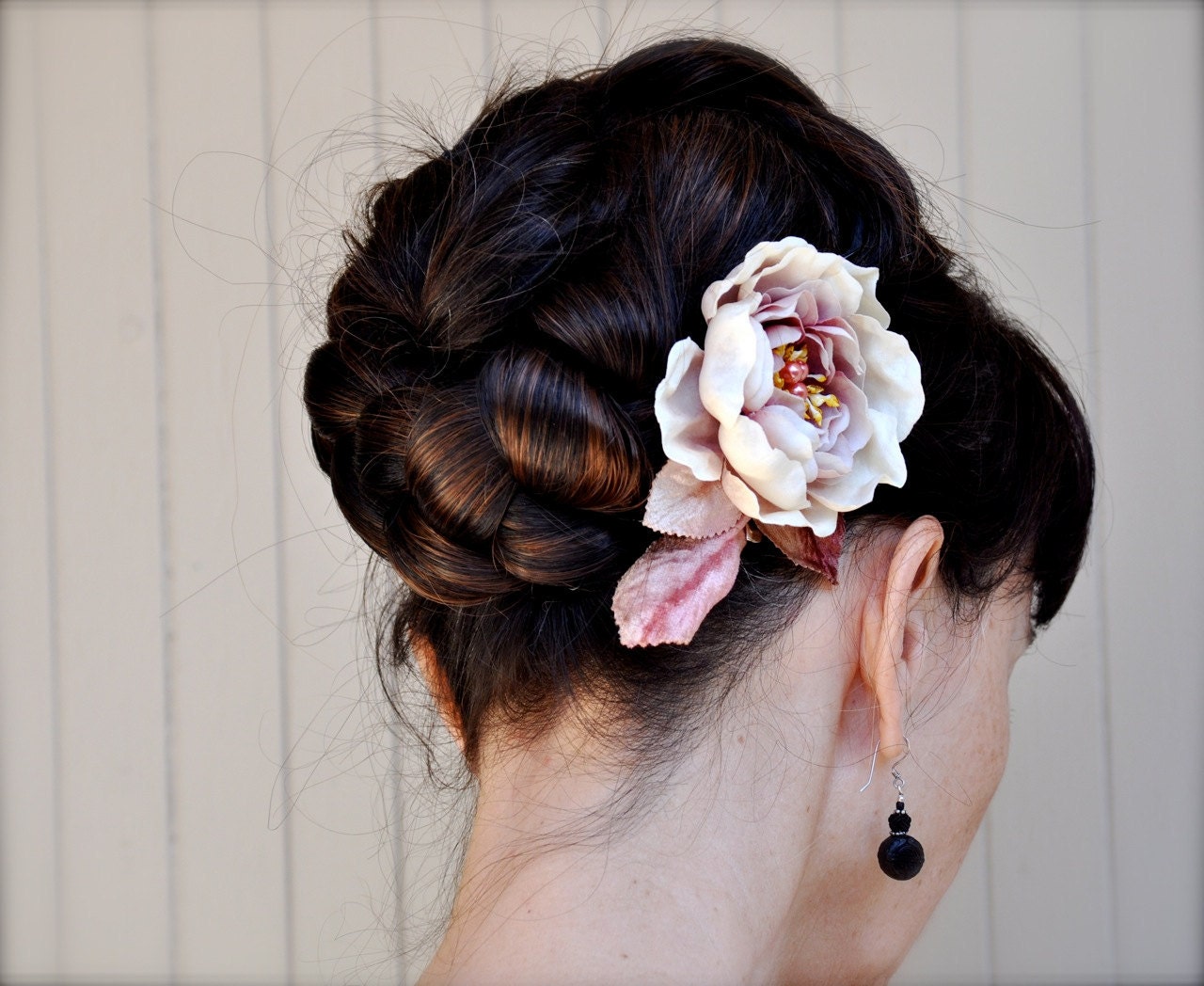 Vintage blush blossom hair clip with velvet leaves. Soft and romantic. Brides, bridesmaid hair accessory.