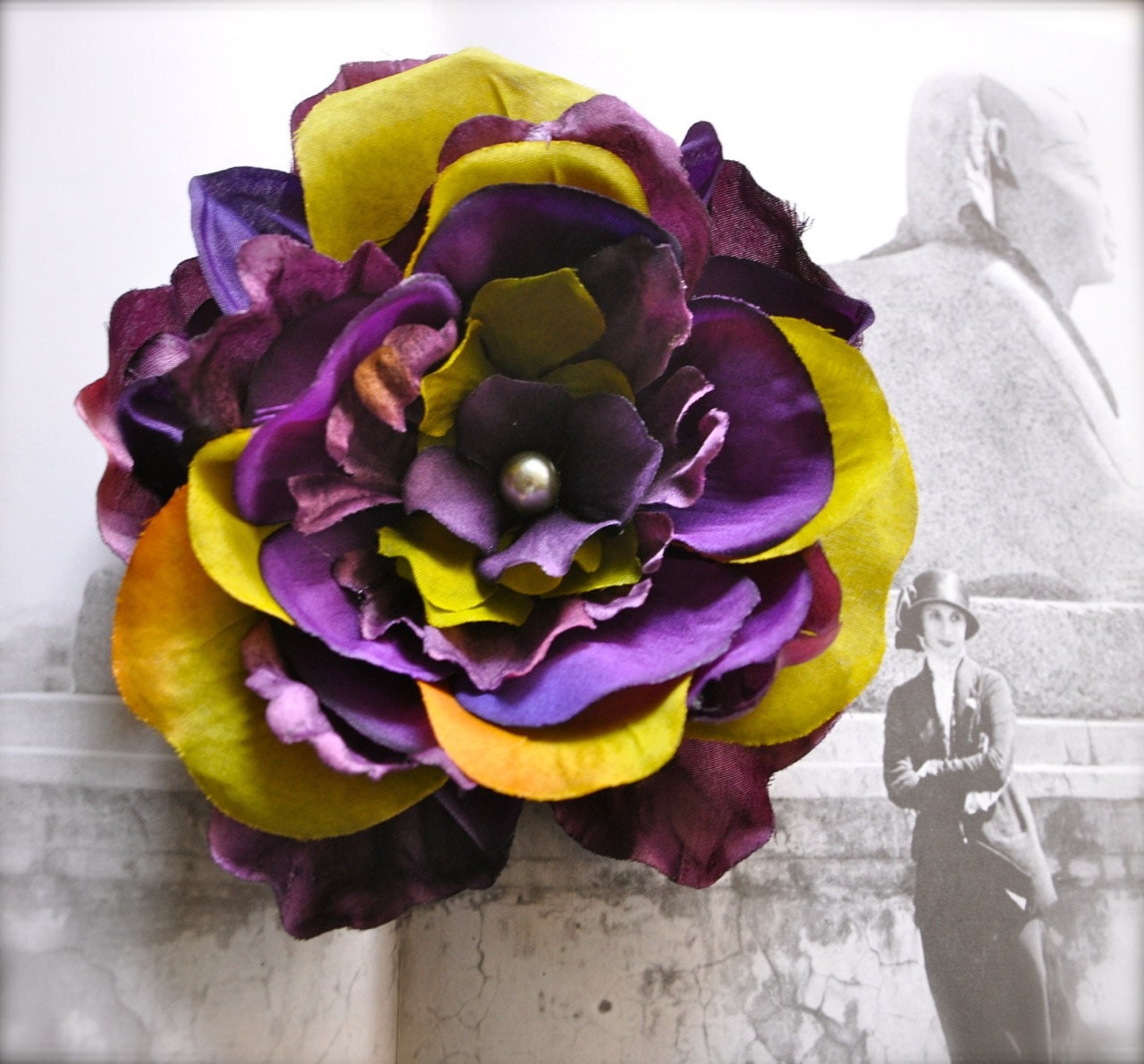 Summer Carnival Flower hair clips in deep purple, yellow, rust and olive greens. Pearl and rhinestone centers.