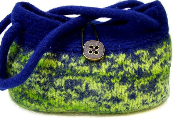 Knit Wool Felted Shoulder Bag, Felted Wool Purse, Hand Knit Purse, Blue Kiwi Lime Green Fabric Lined