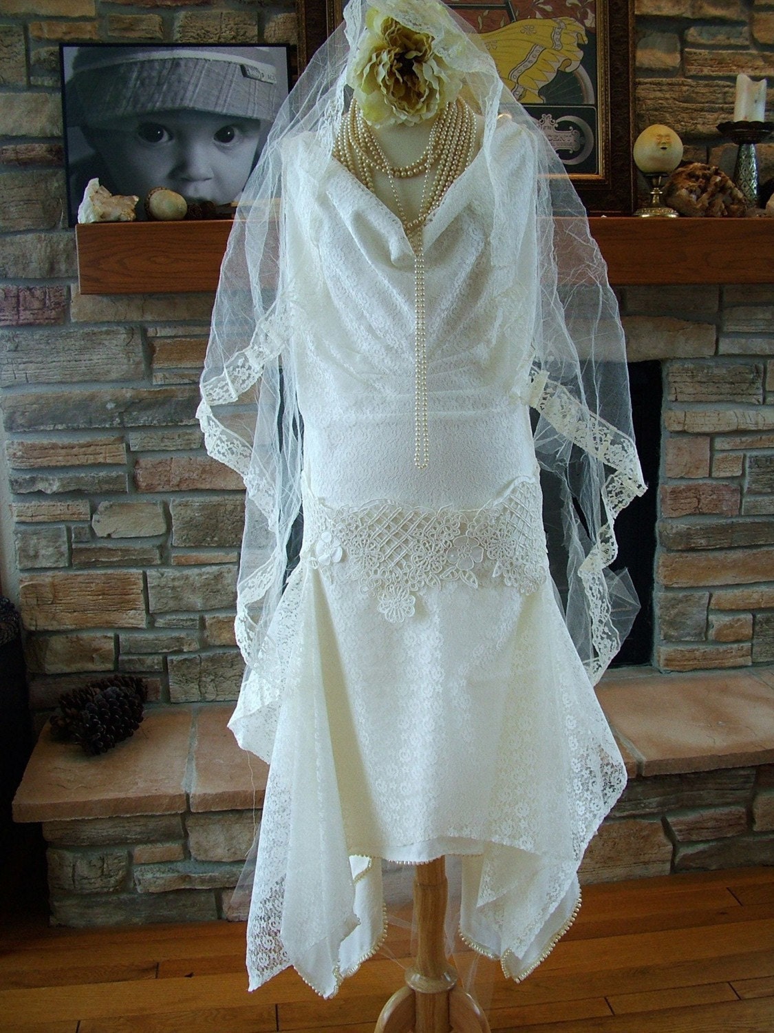 1920s Styled White Lace Wedding Gown