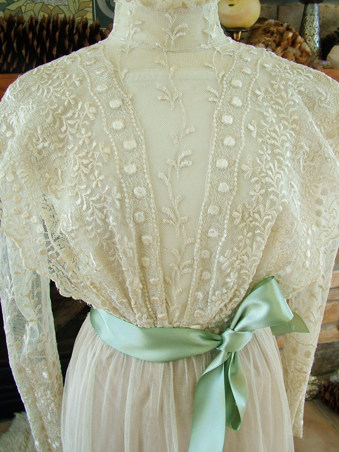 SALE 50 percent off Vintage 1900 Lace Victorian Wedding Bridal Gown on English Embroidered Net