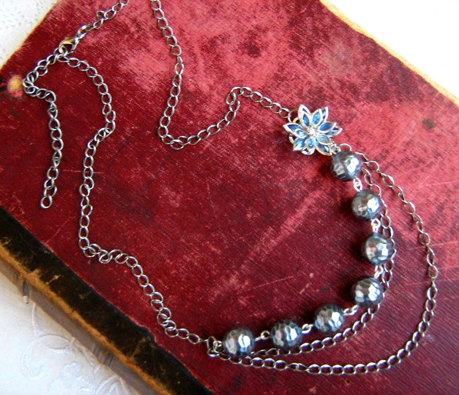 Blue Silver Statement Neckalce - lucite beads, lucite flower, antiqued silver chain