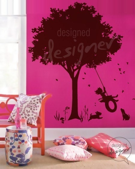 Vinyl  Kids Wall Sticker Wall Decal - Little Girl Swinging under Tree Decal - dd1042 -Children wall decal