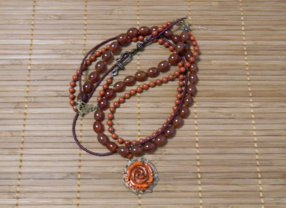 Carnelian Gemstone necklace Carnelian necklace Multistrand necklace Carved rose pendant
