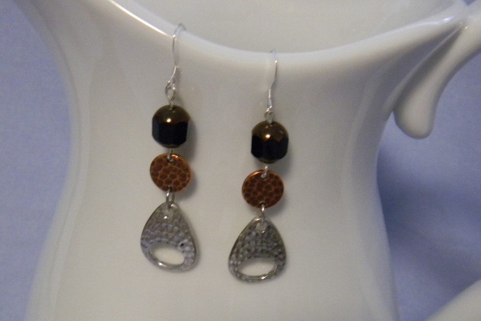 Mixed Metal Earrings Bohemian Two Tone Gold and Silver Geometric Mod Dangle silver black and copper Metal Long Earrings