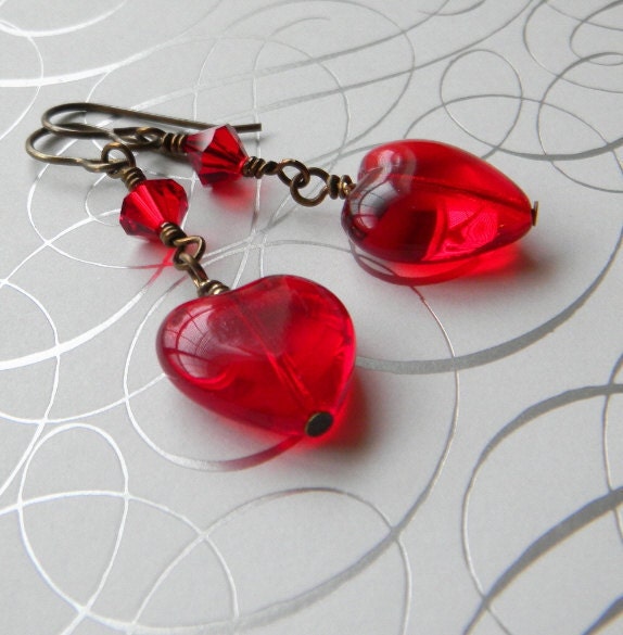 Red Hearts Earrings Dangle Earrings Red Earrings Crystals Antique brass Valentines Day Fashion Earrings