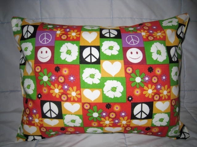 One Childrens Pillow Removeable Cover 12 x 16 in Peace, Happy Faces, Flowers and Hearts - Red, Purple, Green, Yellow, Black and White