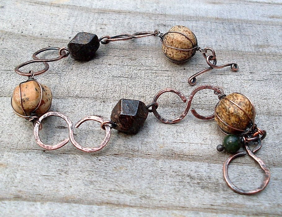 Copper Bracelet with Jasper and Bronzite