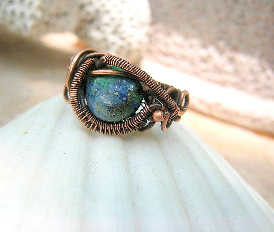 Lapis Crysocolla ring in copper wire, size 7 to 7.5 - EdisLittleTreasures