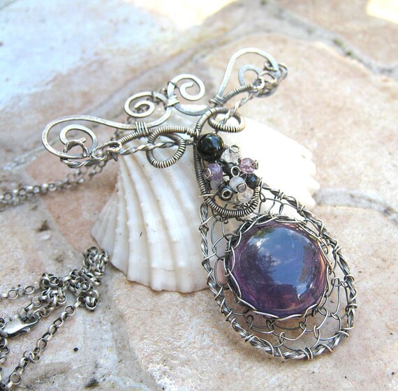 amethyst necklace in sterling silver with moonstone and onyx