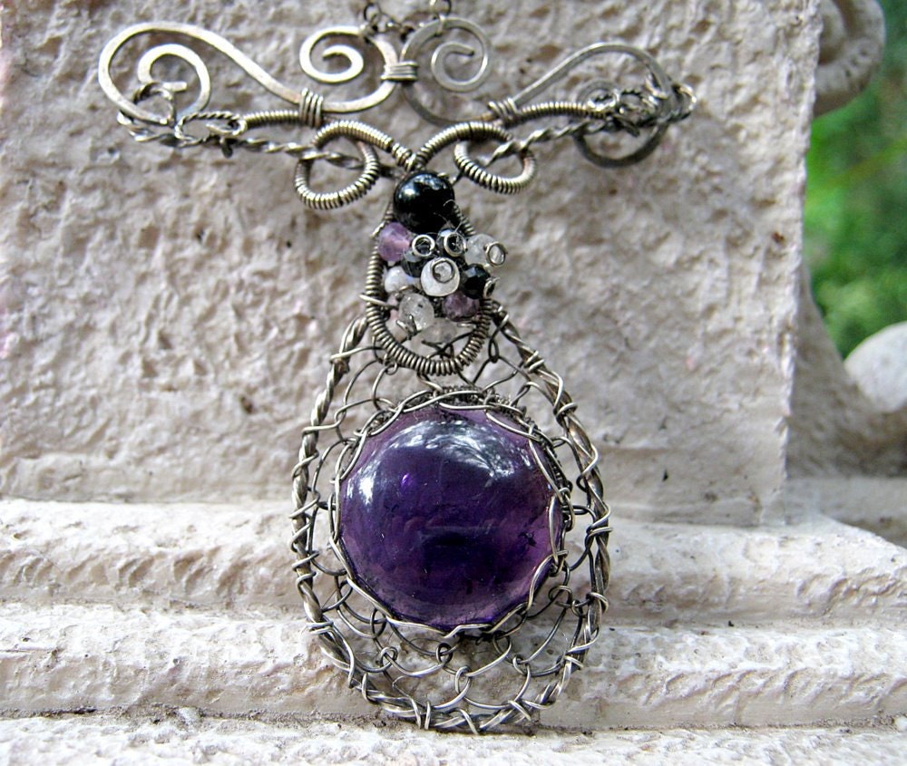 amethyst necklace in sterling silver with moonstone and onyx