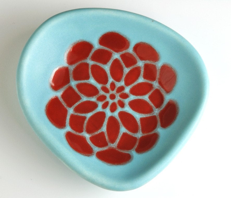 cute ring dish or serving bowl - dahlia flower in crimson red and robins egg blue