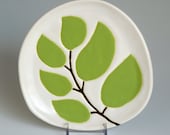 handmade dessert or appetizer plate - leaves on a twig in chartreuse green matte
