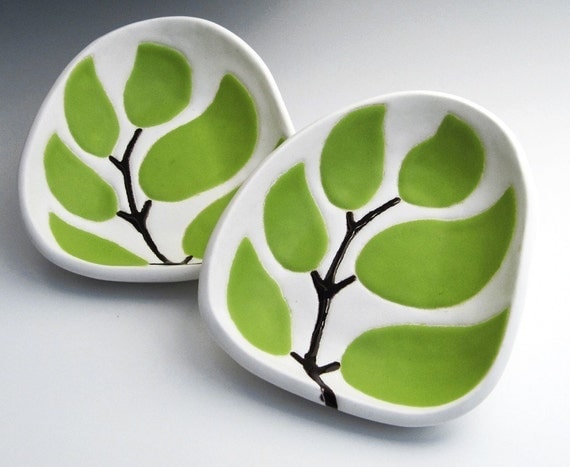 set of 2 ceramic dipping dishes - leaves in chartreuse green - hostess gift or housewarming gift
