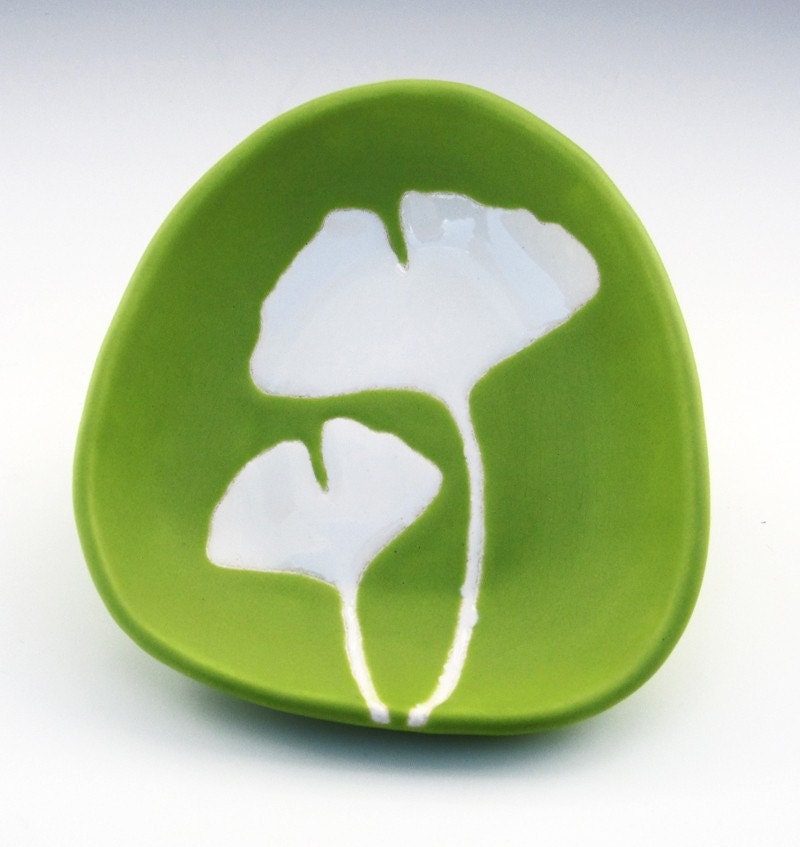 small ceramic serving bowl - ginkgo leaves in chartreuse green - ceramic and pottery