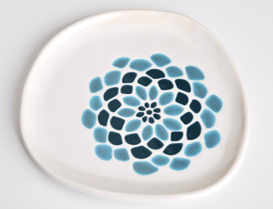 appetizer or dessert plate - dahlia flower in dark teal and ocean blue