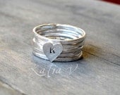 personalized ring handmade sterling silver stackable rings set of 5 - monogram heart ring - stacking rings