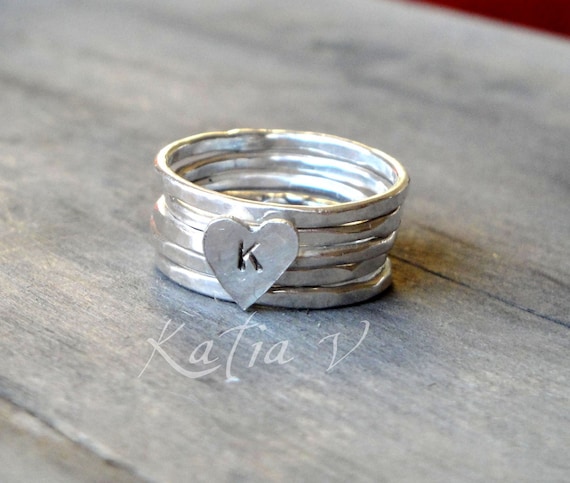 personalized ring handmade sterling silver stackable rings set of 5 - monogram heart ring - stacking rings