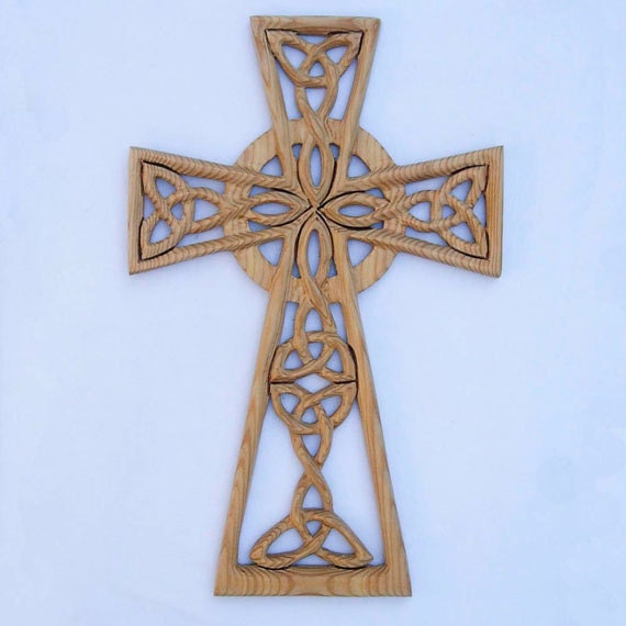 Trinity Knots and Serch Bythol Woven Celtic Cross-Wood Carved Cross