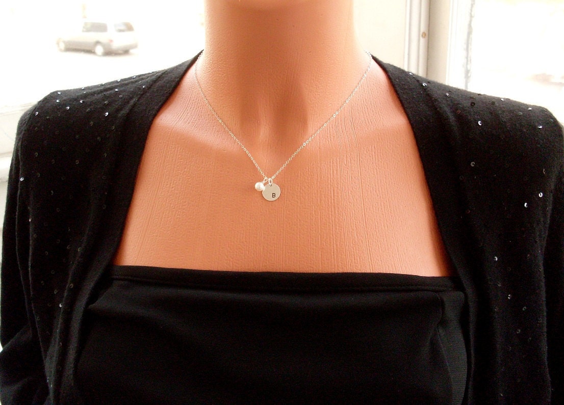 Initial Necklace, Hand Stamped Sterling Silver Disc on Delicate Chain Necklace, Real Natural Fresh Water Pearl, Personalized Bridesmaid Gift