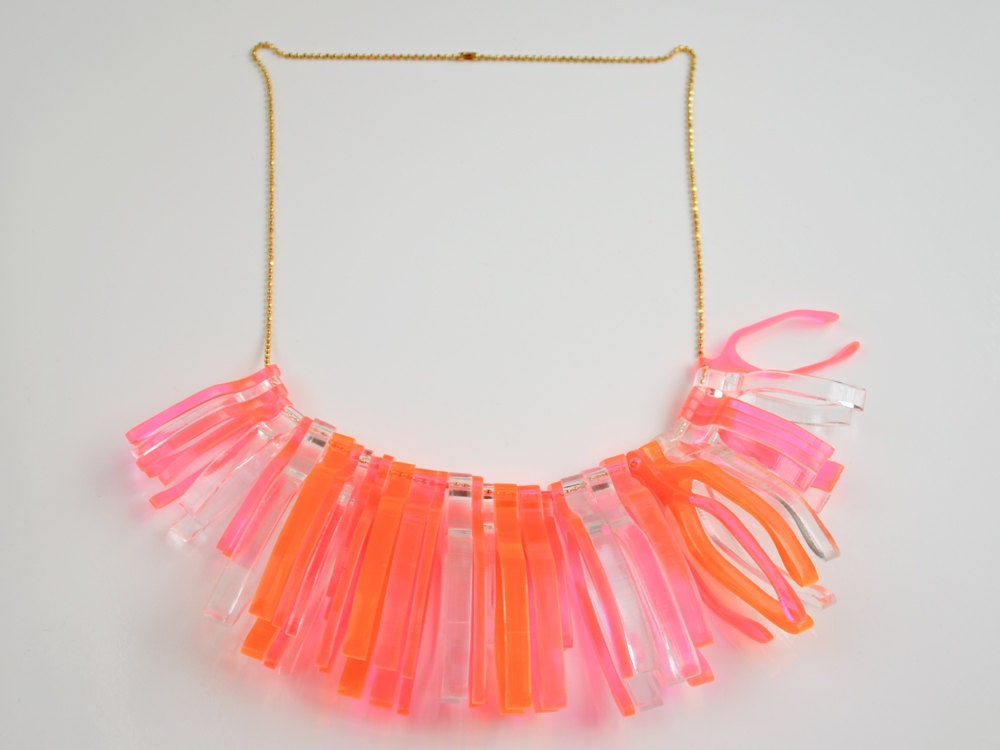 Neon Pink, Neon Orange Statement Necklace - Wishbone Necklace - Lasercut