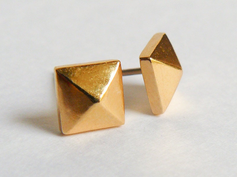 Gold Pyramid Stud Earrings - Studded Punk Rock - Sterling Silver Posts