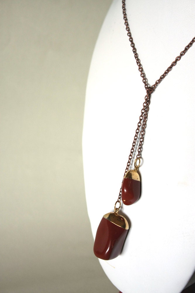 brown stones lariat necklace in copper and gold - casual with nuggets natural gemstone - copper boho style fall fashion