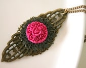 hot pink necklace -  neon cabochon on metal lace filigree in antique bronze