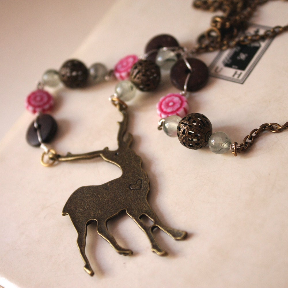 Deer necklace - wood prehnite stone resin beads necklace - woodland - flowers natural - brown pale green hot pink