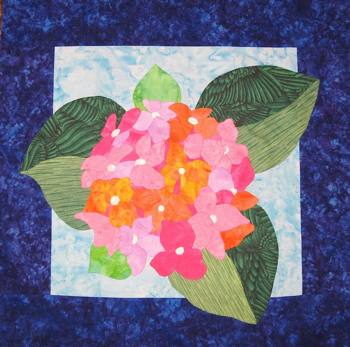 Quilted Wall Hanging - Pink Hydrangea Against Sky Blue Background