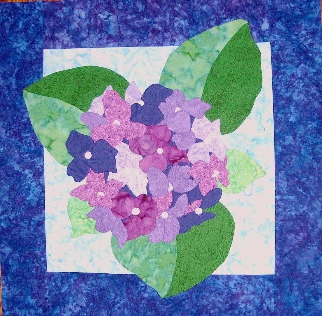 Quilted Wall Hanging - Purple Hydrangea against Sky Blue Background