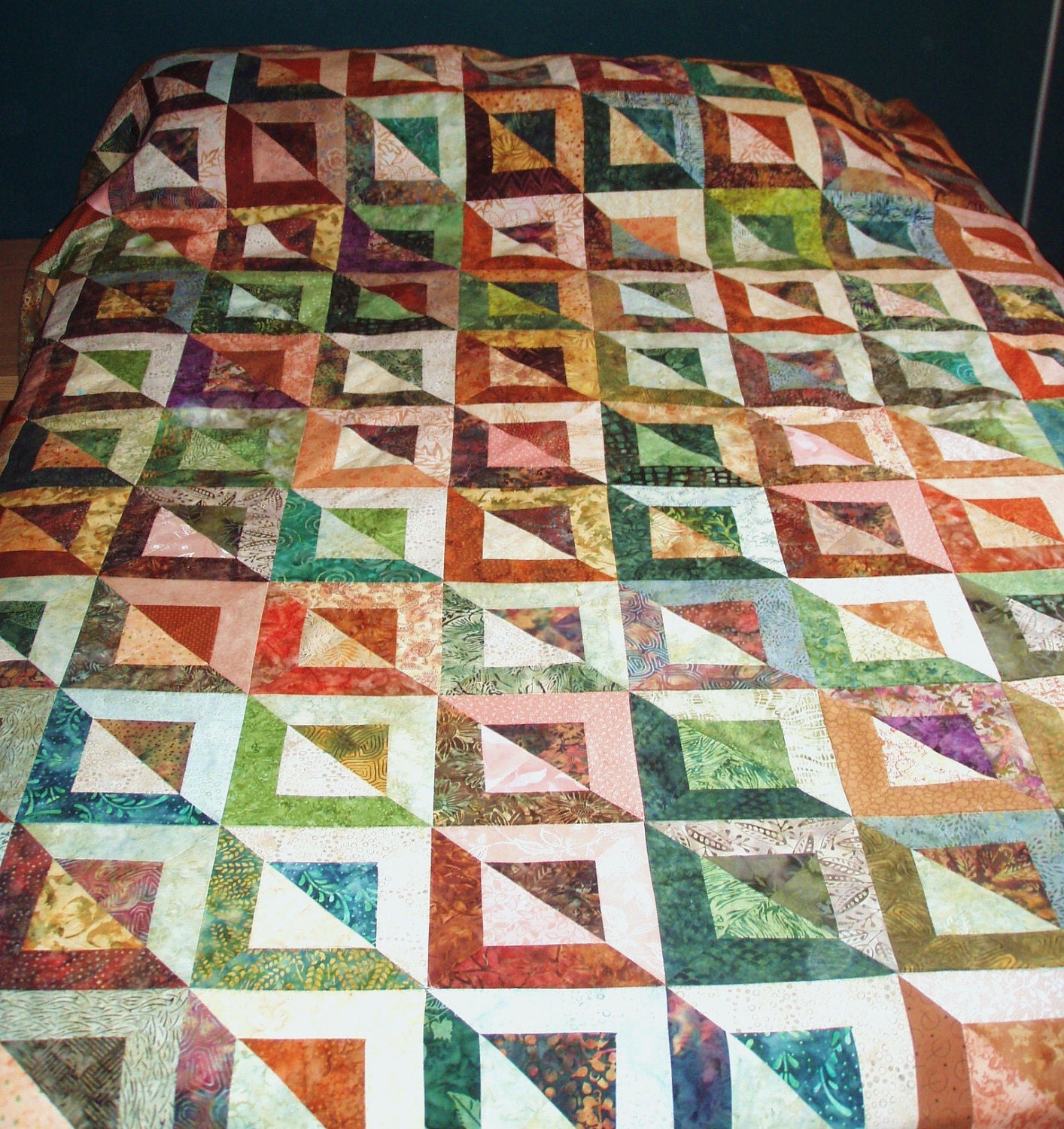 Quilt Queen Size Patchwork Shadows in Earth Tones of Green, Rust, Brown and Gold